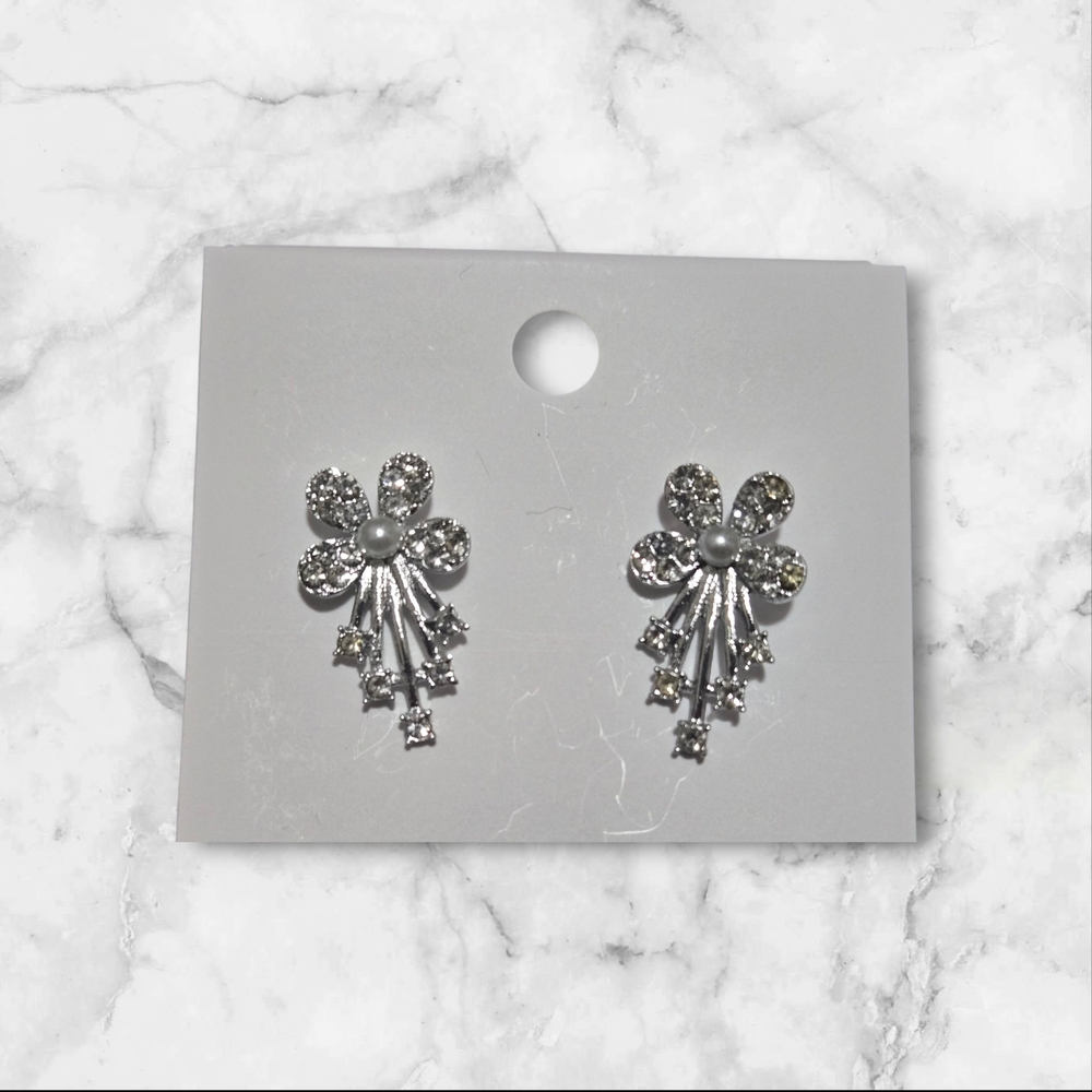 Silver Floral Rhinestone Earrings